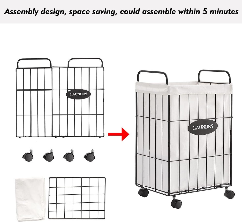 Iron Wire Laundry Hamper With Rolling Lockable Wheels, Folding Storage Basket...