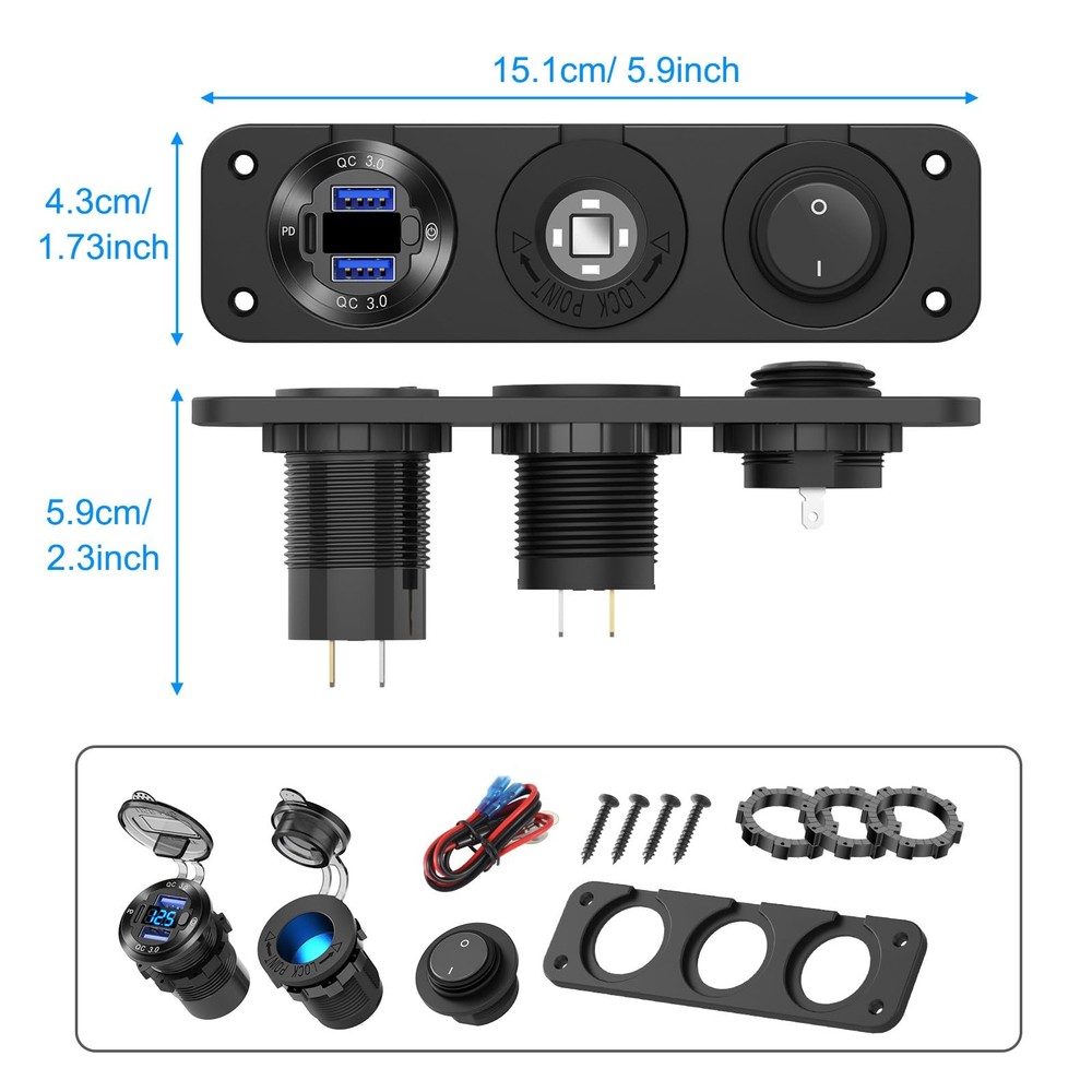 12V USB Outlet Boat Accessories Marine Switch Panel Charger+Socket+Switch