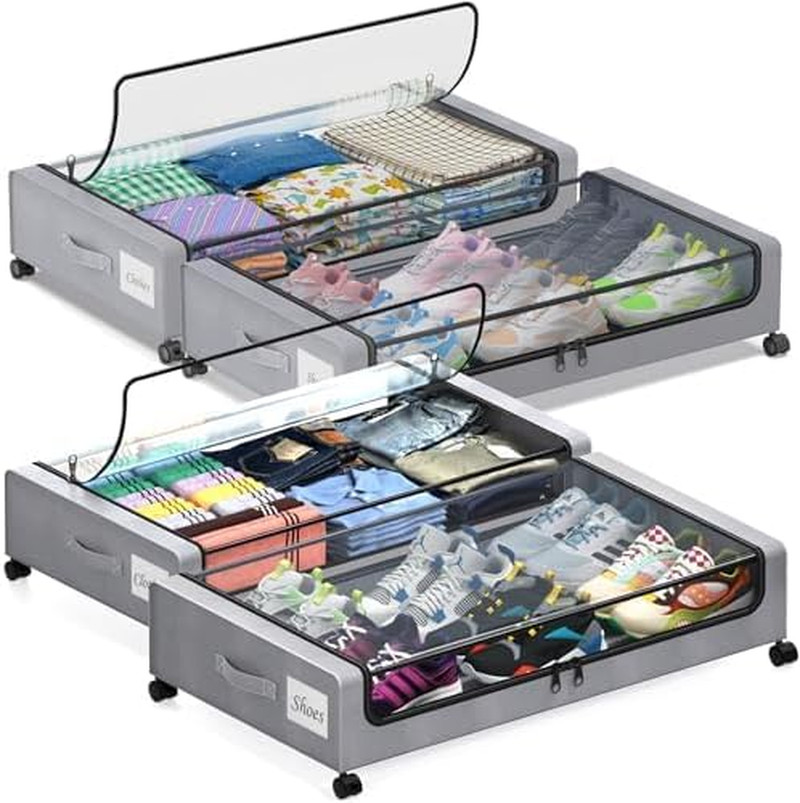 Under Bed Storage with Wheels, 4 Pack under Bed Storage Containers with Dividers