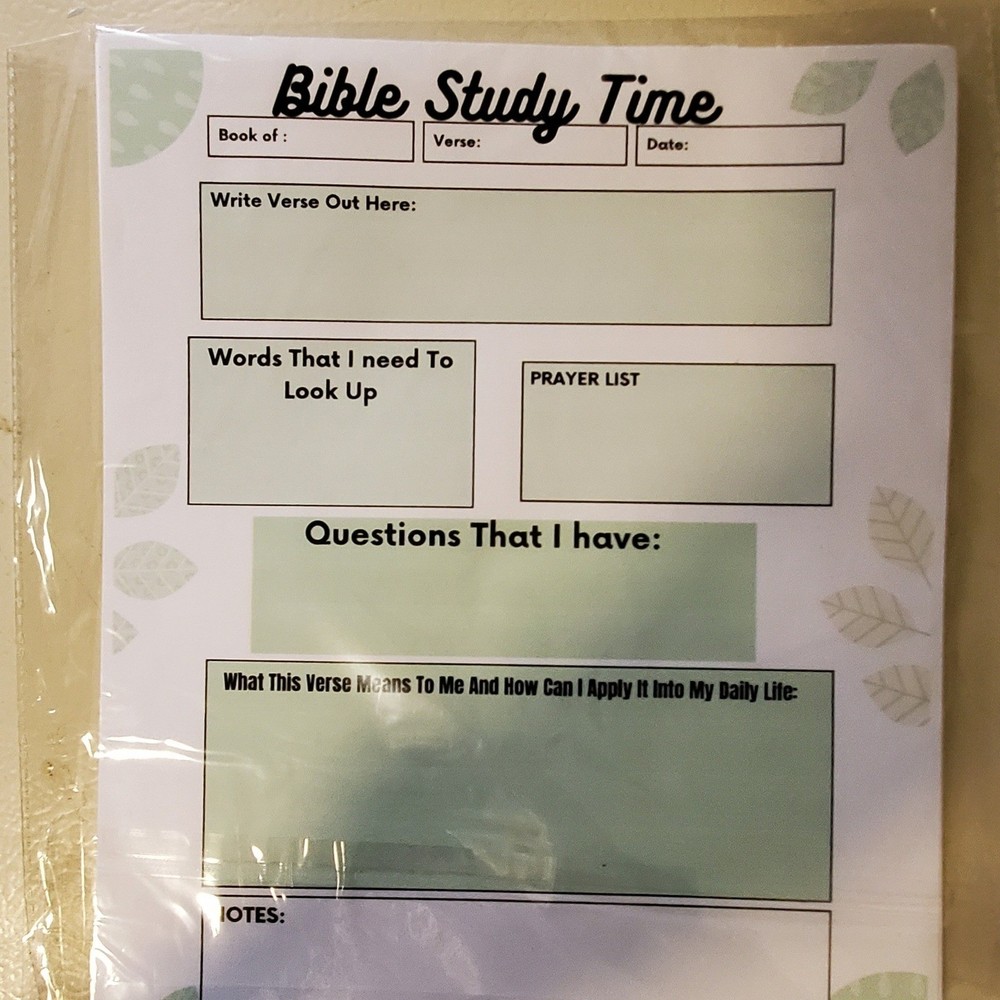 Bible Study Time Notepad 50 Sheets Devotional Prayer Journal Leaf Design Green