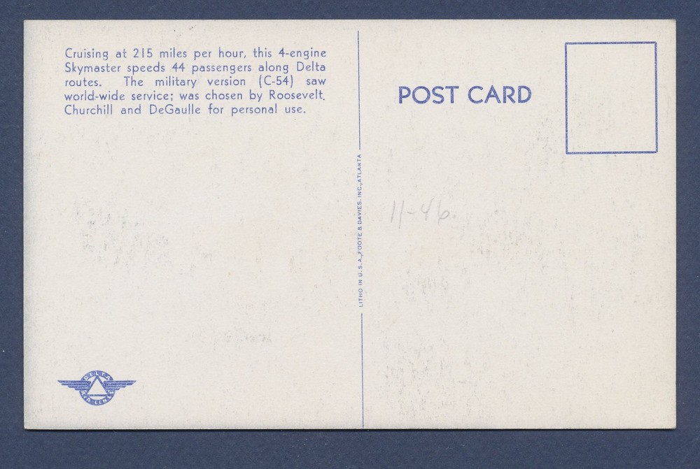 Delta Skymaster DC-4 Airplane - unmailed postcard, 1946