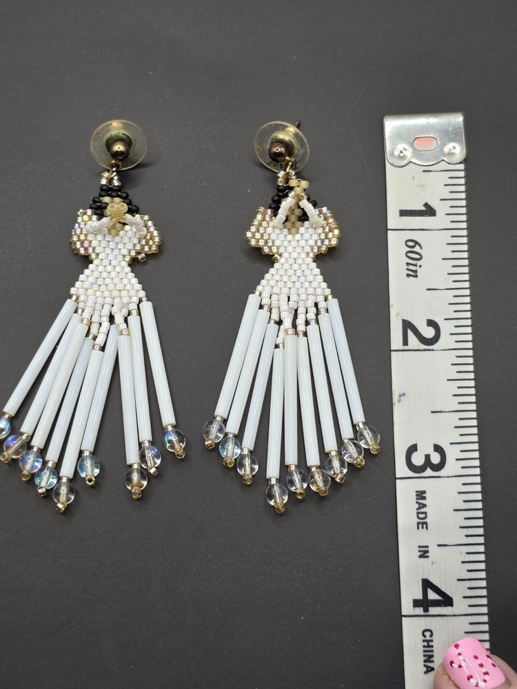 Hand Beaded Angels White Dangle Earrings 3"