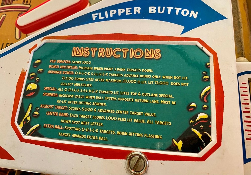 Quicksilver Pinball Custom Apron Cards Set Instruction Rules Information Stern