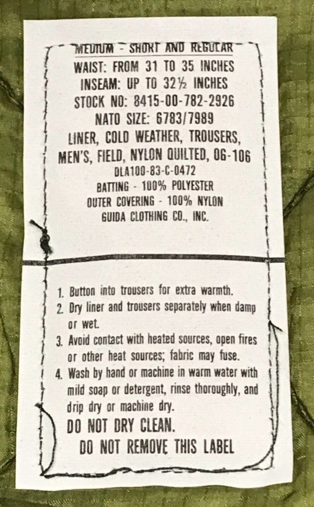 M65 Field Pants Liner Medium Short / Regular USGI NOS from original bundle