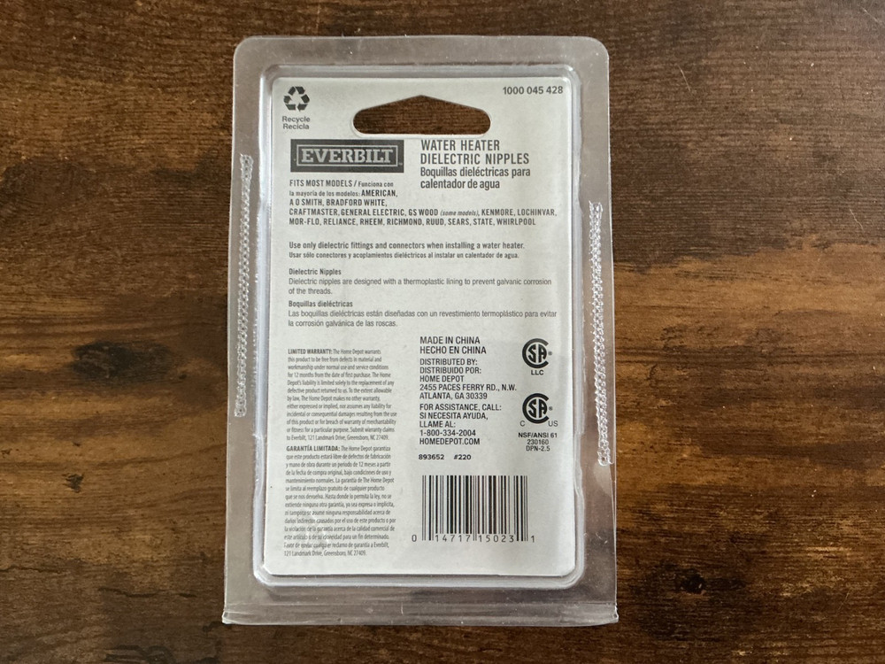 EVERBILT 3/4" WATER HEATER DIELECTRIC NIPPLES — Model 1000 045 428