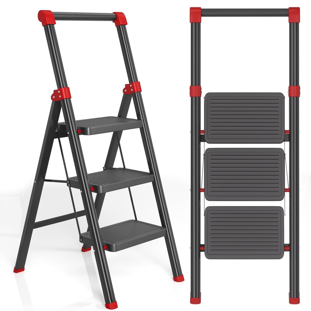 DIAMONDFORGE 3 Step Ladder with Handle, Foldable Stool 3 Step, Black Red