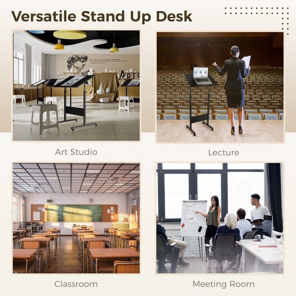 Mobile Podium, Adjustable Standing Desk with Caster Wheels, Adjustable Height...