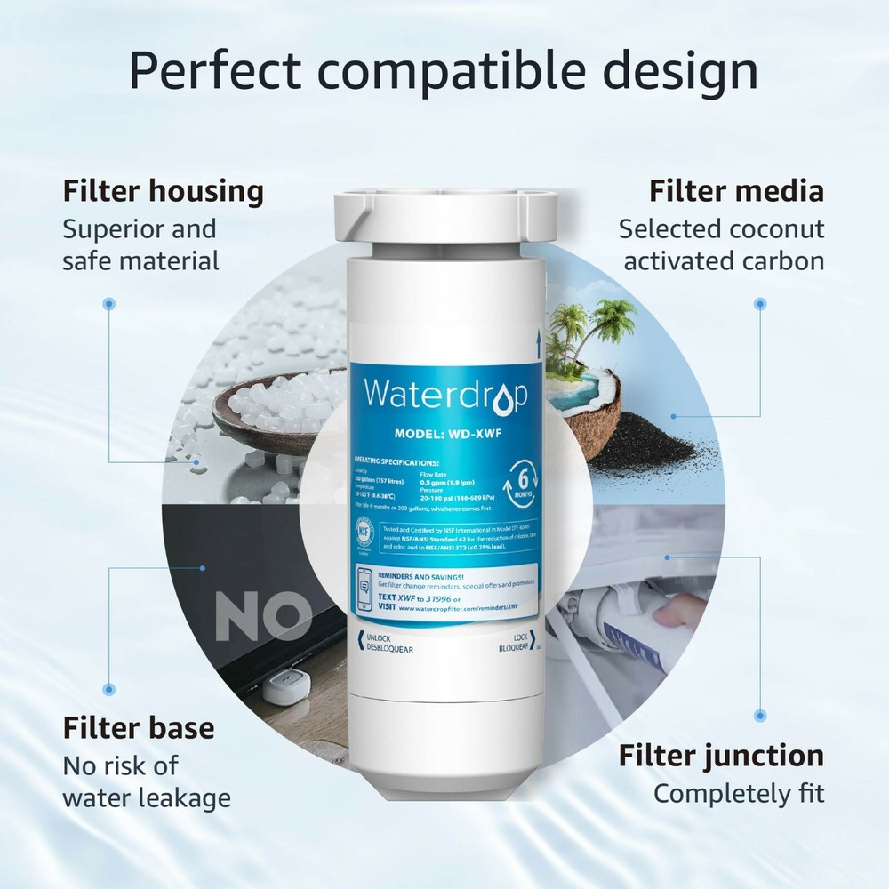 Waterdrop XWF NSF Certified Refrigerator Water Filter,Replacement for GE®,2 pack