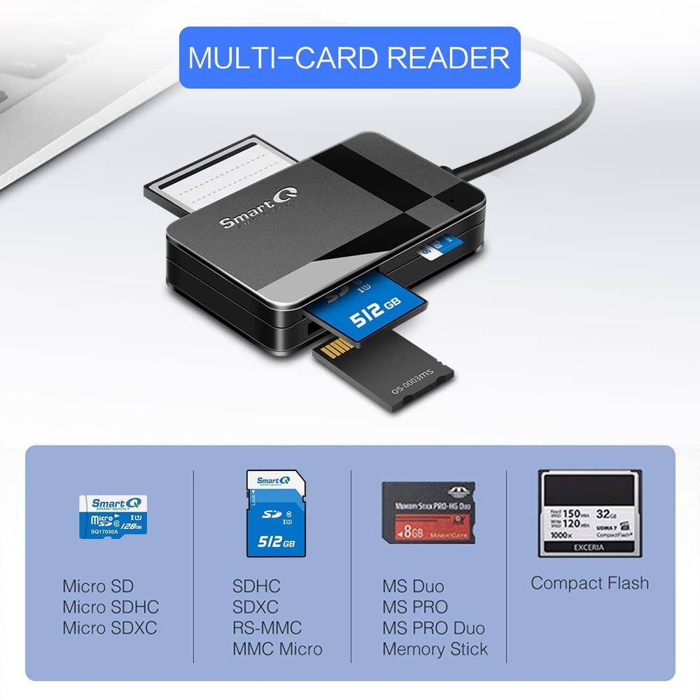 SmartQ C368 USB 3.0 Card Reader - Plug & Play, Compatible with Regular, Black