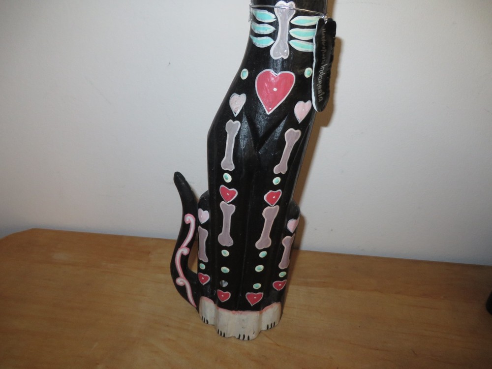 Solid Wood Skeleton Cat Statue Figure Made in Indonesia.