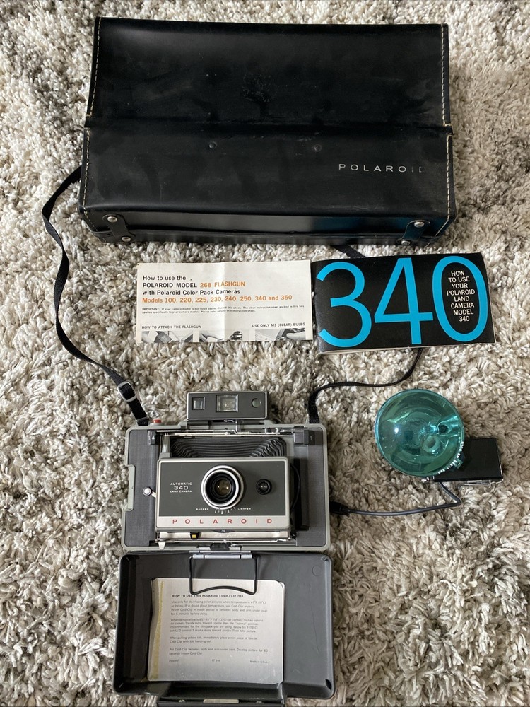 Vintage Polaroid Land Camera Model 340 Complete W/ Case, Flash, Manual Untested