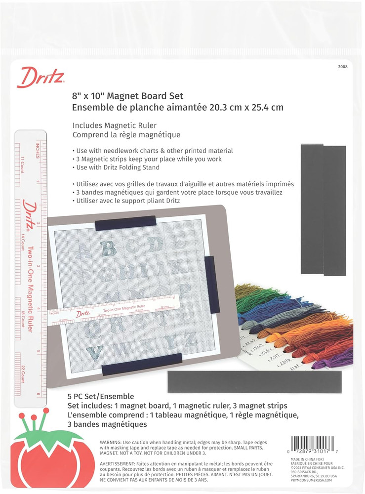 Magnet Board & Ruler, 8" X 10" - Pattern Holder for Cross Stitch, Needlework, Kn