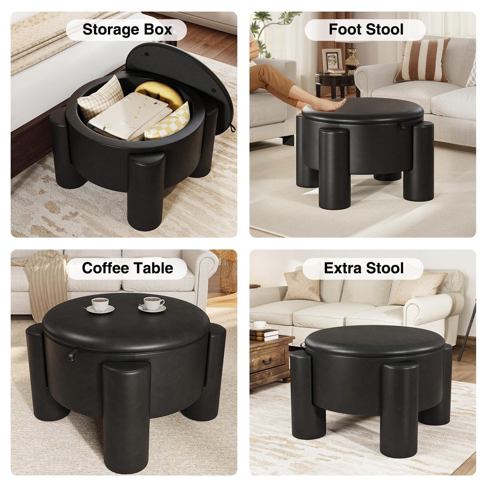 24in Storage Stool Coffee Table with Storage Function, Artificial Leather
