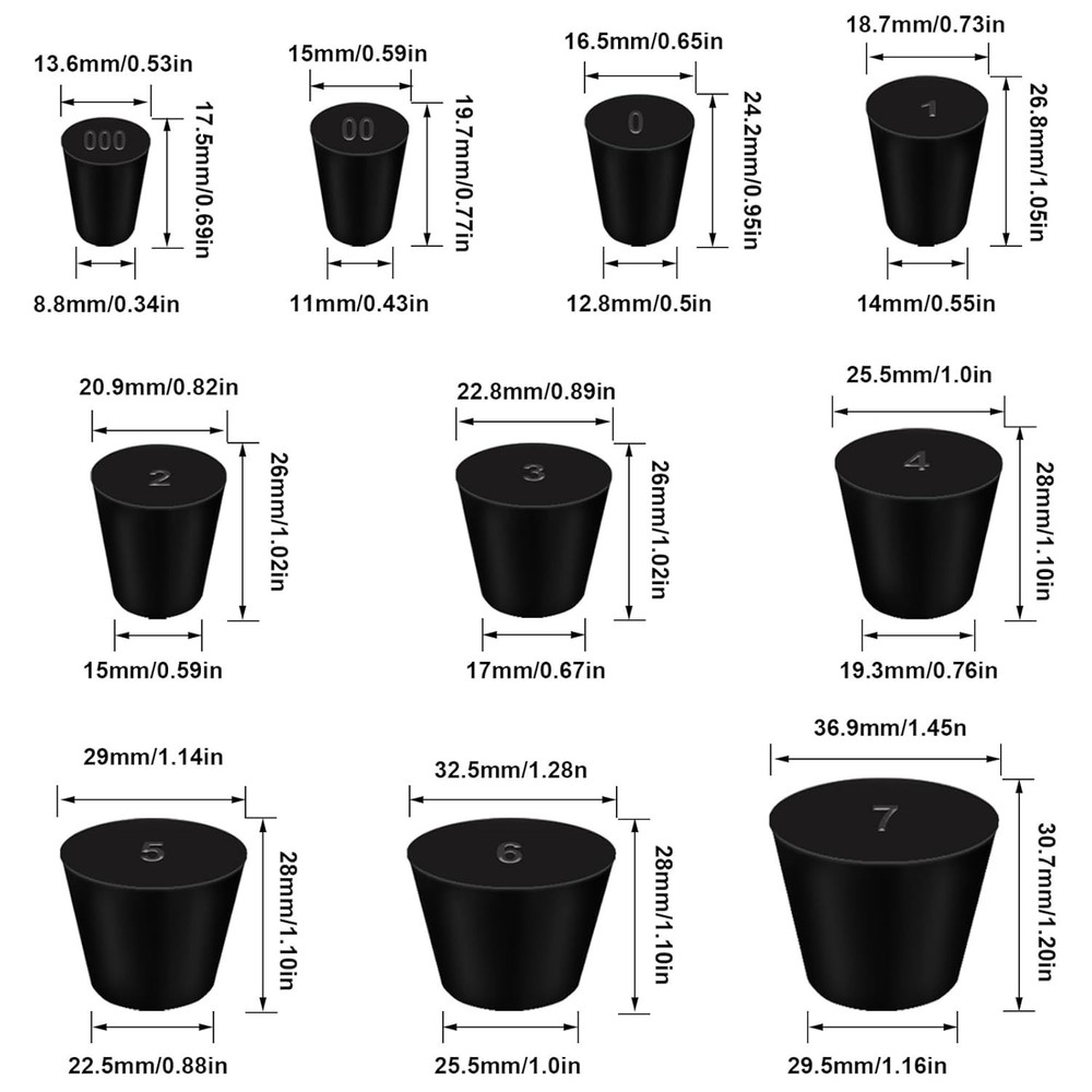 25Pcs Black Solid Rubber Stoppers 10 Assorted Sizes