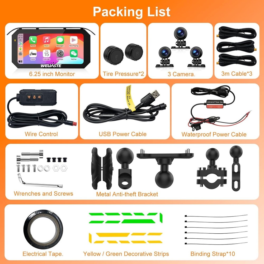 6.25" Waterproof Motorcycle Carplay- Wireless GPS Bluetooth Phone Mirroring Auto