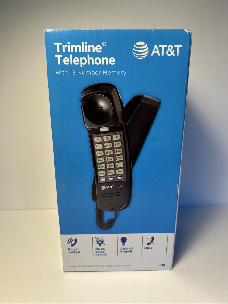 AT&T 210 Basic Trimline Corded Phone, No AC Power Required Wall-Mountable Black
