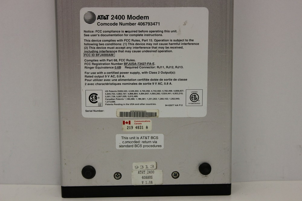 AT&T 40AAUS 2400 EXTERNAL MODEM CAMCODE 406793471 WITH AC ADAPTER