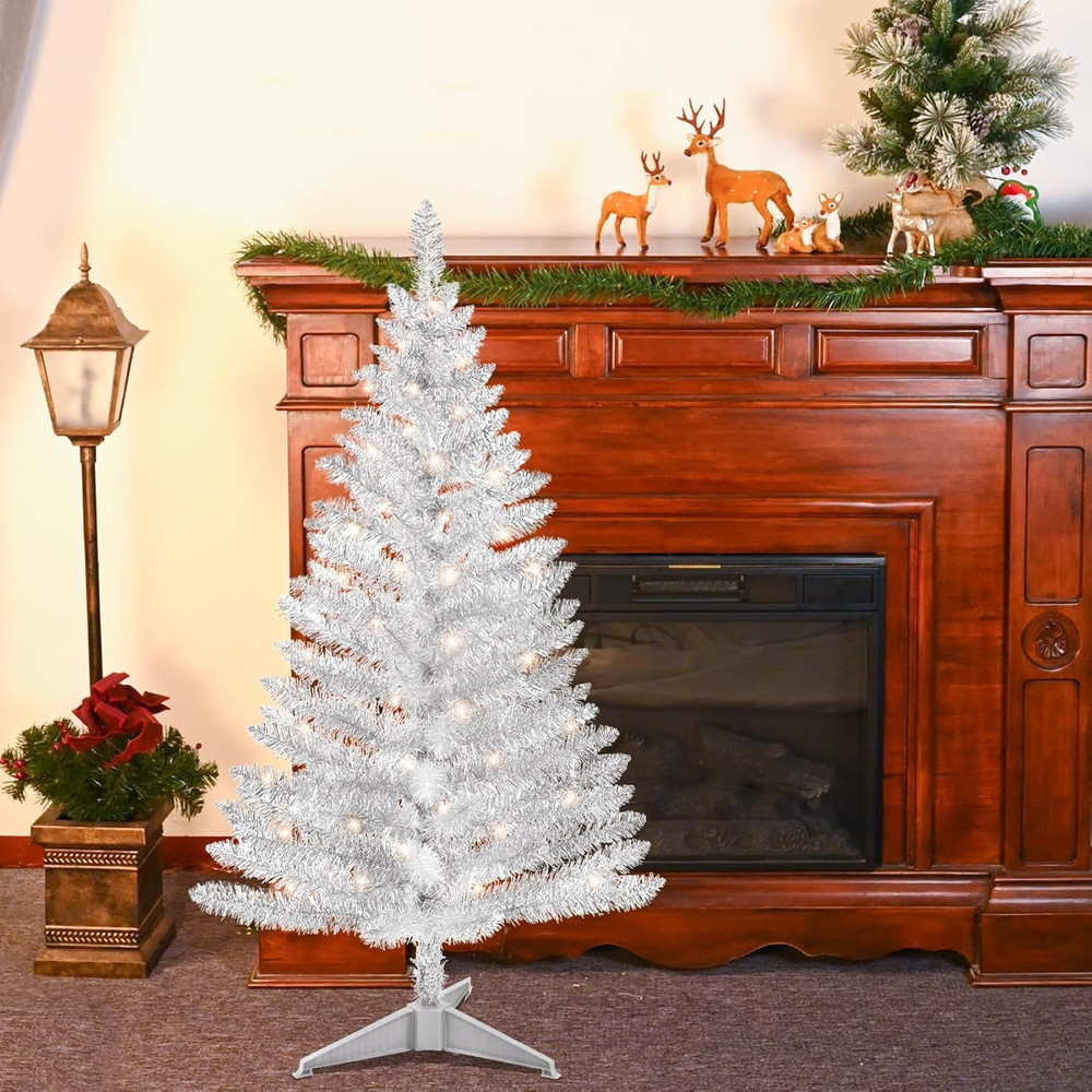 4Ft Lighted Artificial Silvery Christmas Tree, Not Pre-Lit Silvery Tinsel Pine T