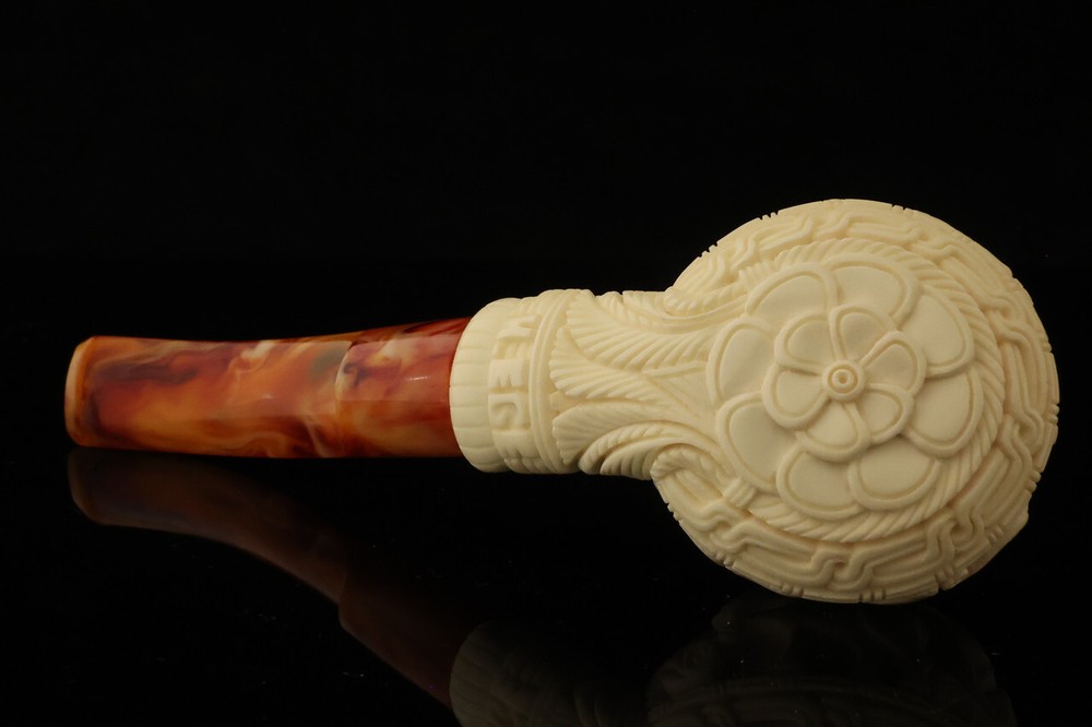 srv - Tri Elephants Block Meerschaum Pipe with custom case 15218