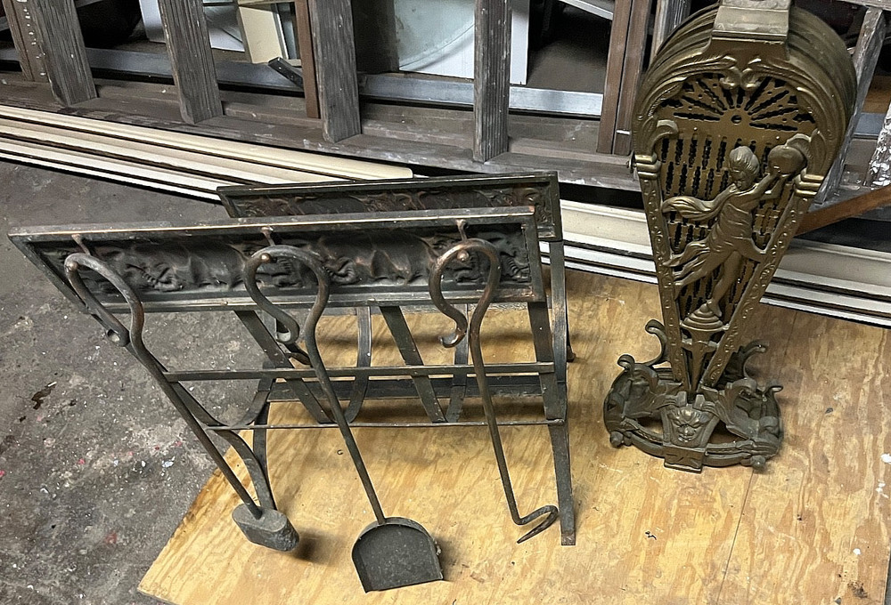 Antique embossed copper fireplace screen elephants,tools, Peacock
