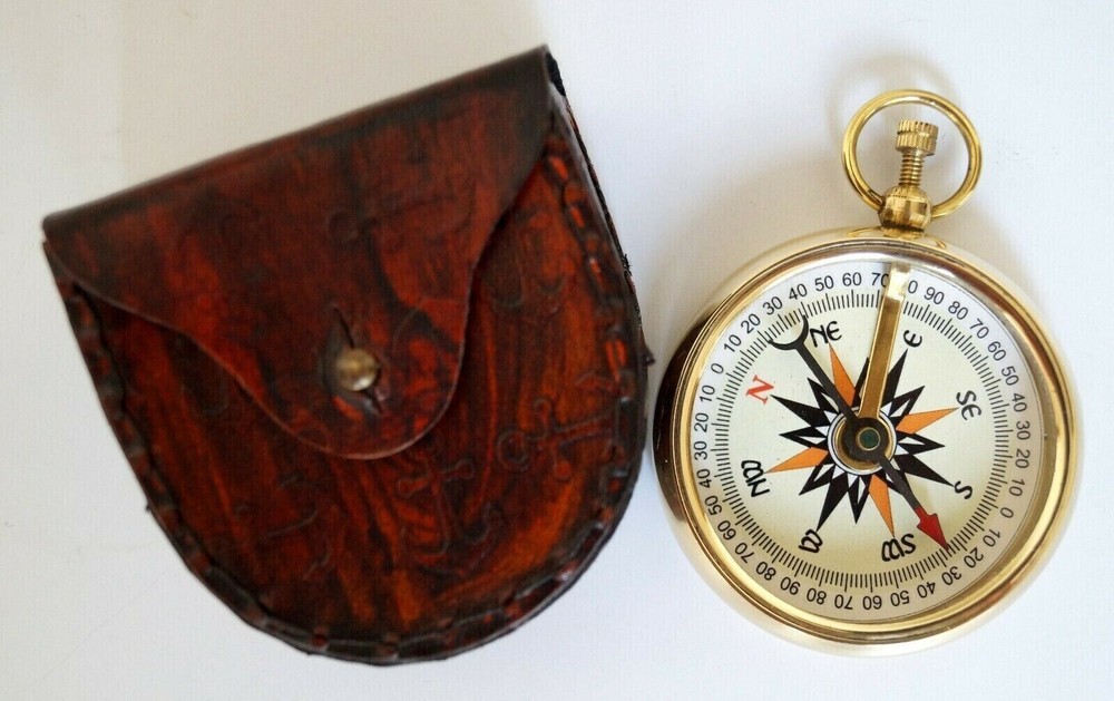 Antique Brass Compass With Leather Case Maritime Antique Nautical Compass