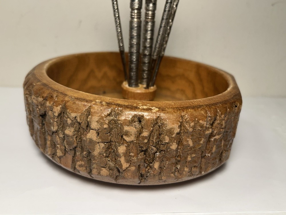 Vintage Nut Bowl With Live Edge Includes Nut Cracker & 2 Picks Eagle Accent