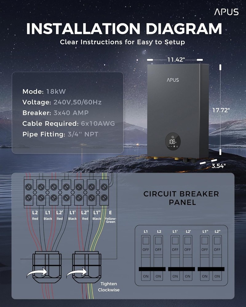18kW Electric Tankless Water Heater, APUS 240V Instant On-Demand Hot Water Heate