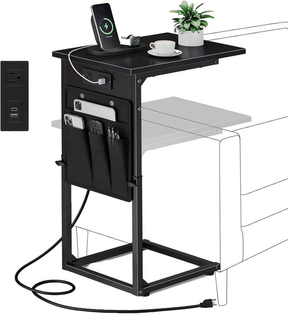 C Shaped End Table W/ Charging Station Adjustable Height Side Table Couch Small