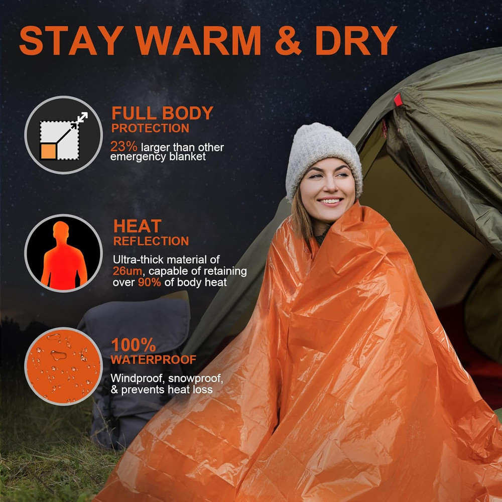 3-Pack Emergency Blanket, Extra-Thick Extra-Large Survival Blanket, Thermal R...