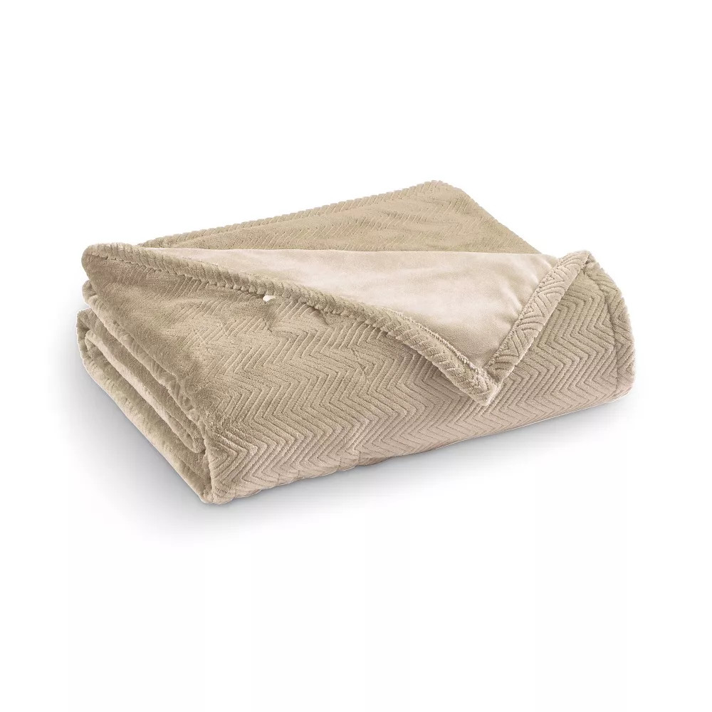 Brookstone Full/Queen Heated Micro Herringbone Blanket Taupe