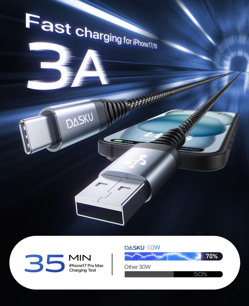 USB C Cable 3A Fast Charging [2 Pack 6FT], A to C Cable, 6FT, Black
