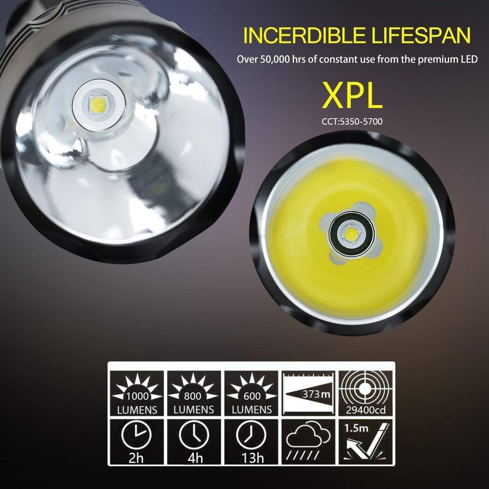 Professional Diving Flashlight - 2000 Lumen Waterproof LED with 5 Light Modes