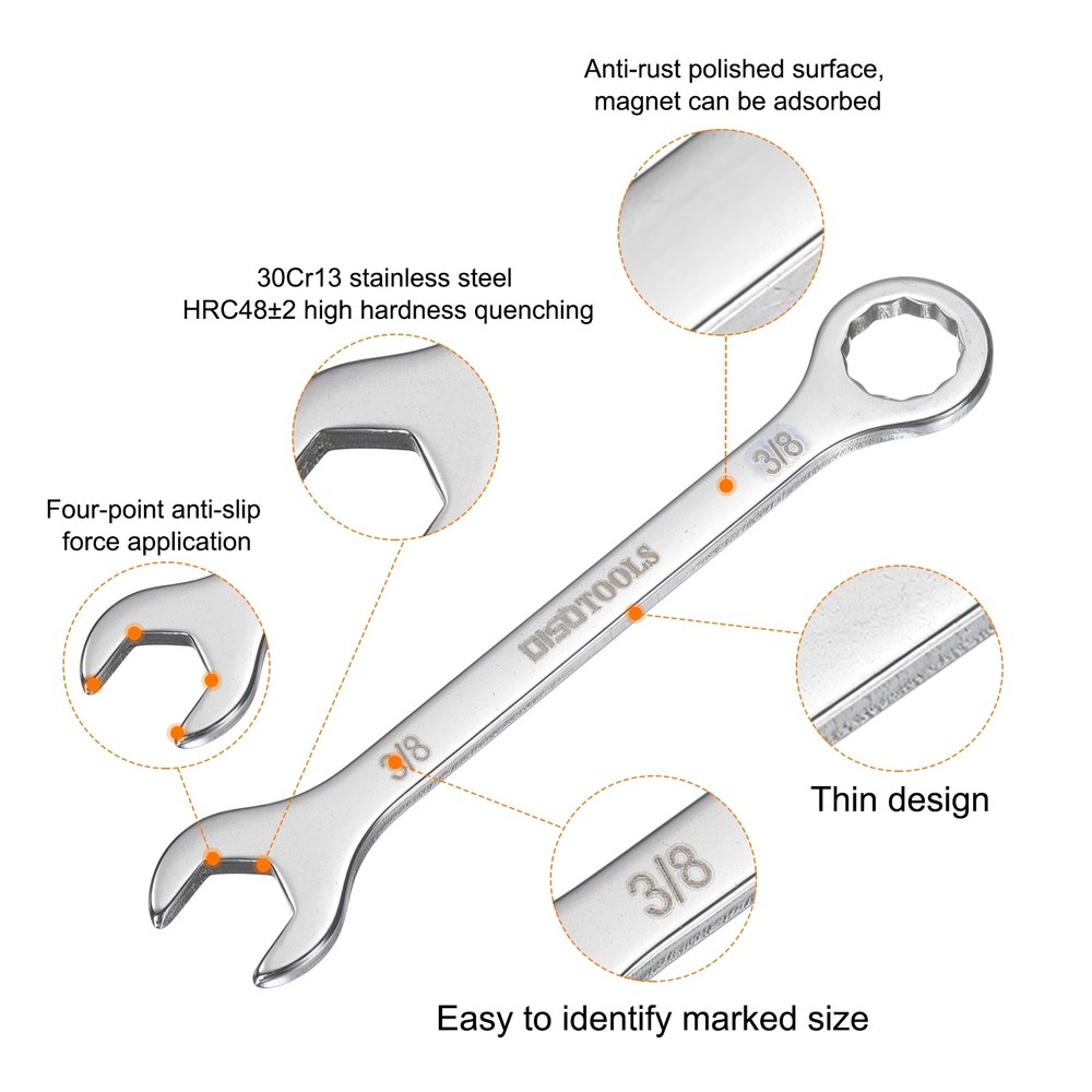 Thin Combination Wrench 3/8" with 12-Point Ended 15°Angled Open End