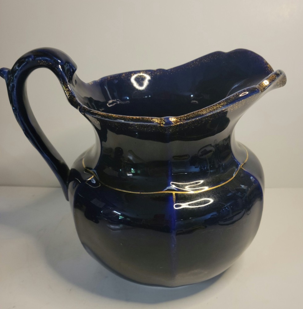 Pitcher Ceramic Cobalt Blue Gilded VTG