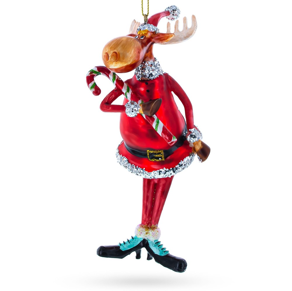 Chubby Moose with Candy Cane Blown Glass Ornament