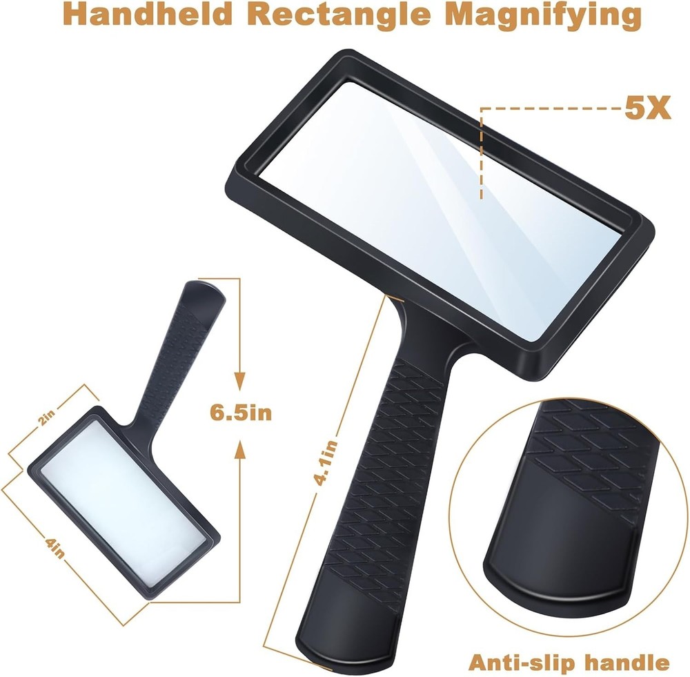 5X Rectangle Reading Magnifier, Large Handheld Magnifying Glass Scratch Resis