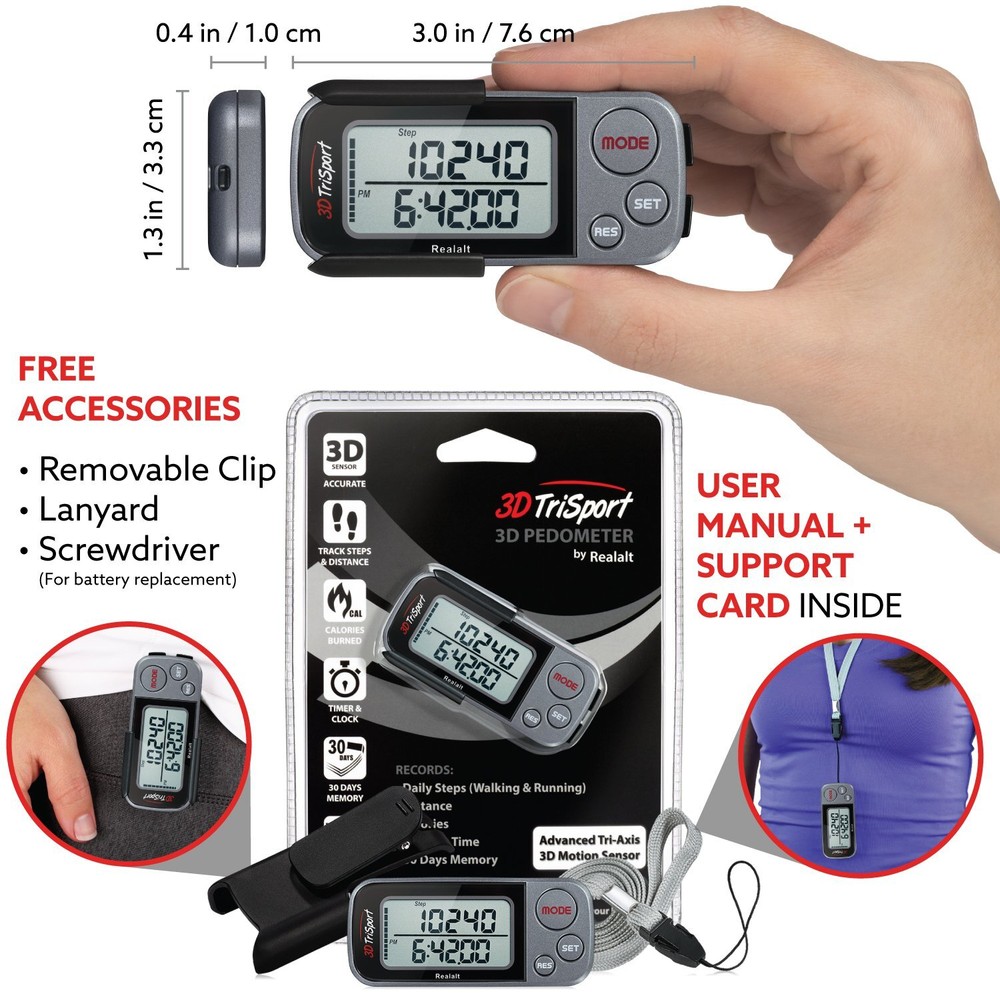 WALKING 3D PEDOMETER with Clip Strap Step Counter 30 Days Memory Black REALALT