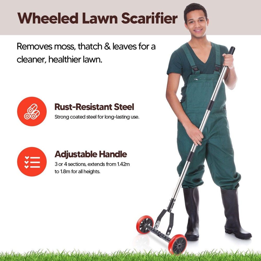 Lawn Thatch Rake with Wheels, Dethatching Roller Rake for Lawn Care, Sturdy S...