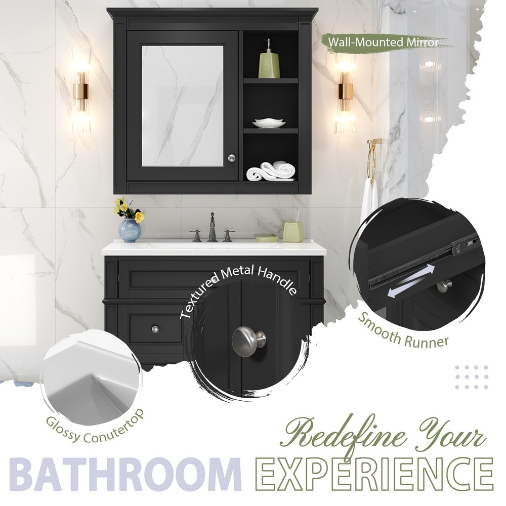 30'' Modern Black Bathroom Vanity Set with Sink & Mirror, 2 Drawers
