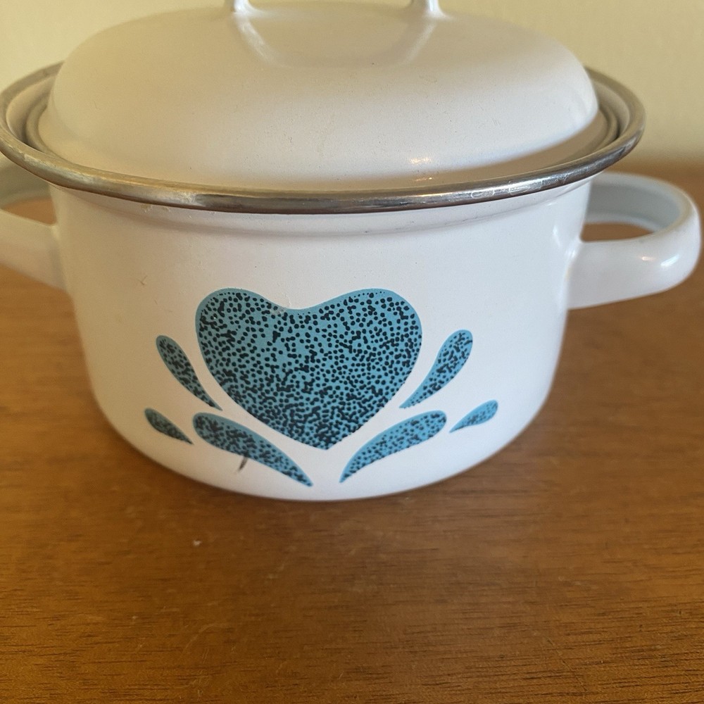Blue Heart Little Enamel Pot 4” High