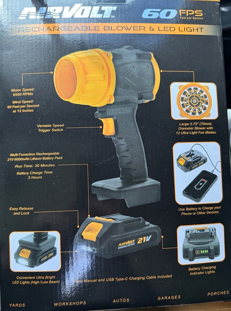 FARPOINT AIRVOLT 60 FPS 21V Handheld Leaf Blower Variable Speed LED, Battery