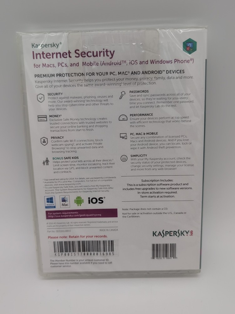 Kaspers Internet Security Premium Protection 3 Devices Sealed Windows MAC iOS