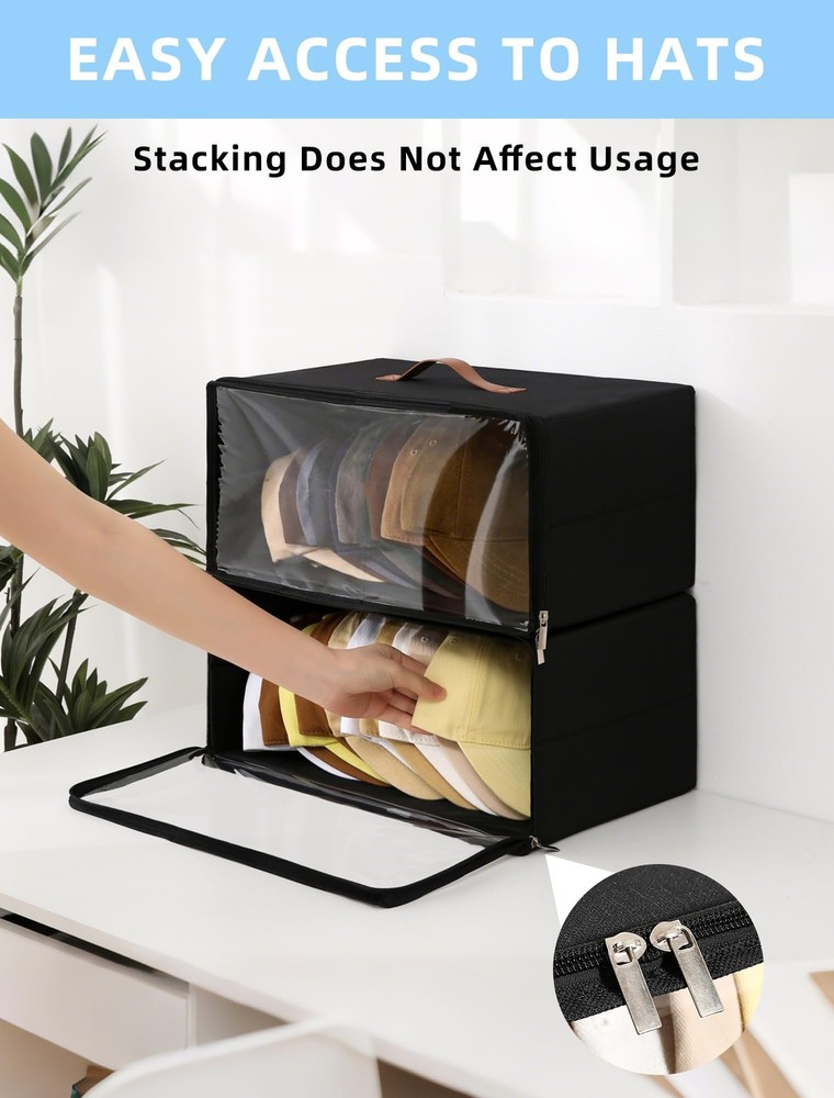 2 Pack Front-Opening Hat Organizer for Baseball Caps, Stackable Rigid Hat Sto...