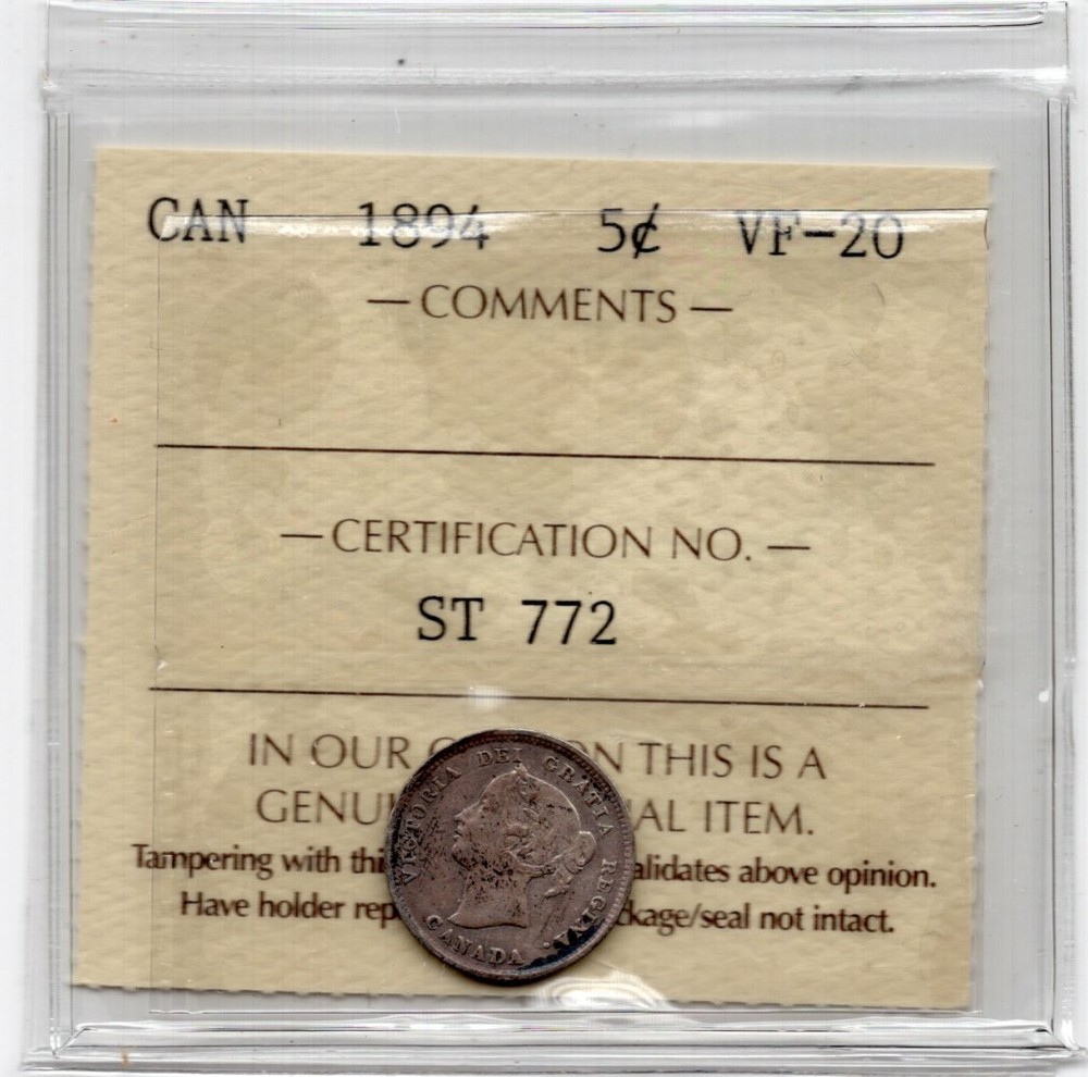 1894 Canada 5 Cents Coin - ICCS VF-20