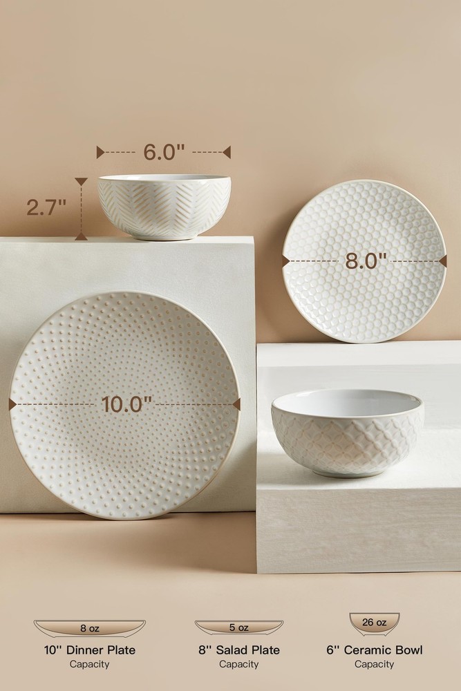 24 Piece Dinnerware Sets for 8, Service 8 (24pcs), White-Mixed Embossment