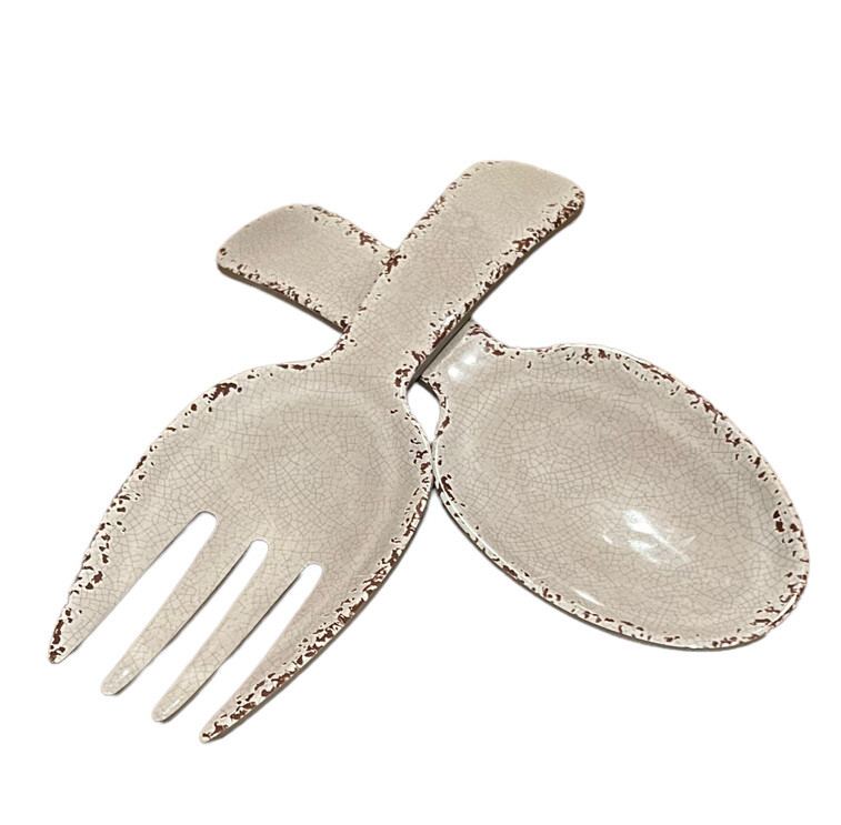 Tommy Bahama Cream Gray Rustic Crackled Salad Server Set Serving Spoon Fork