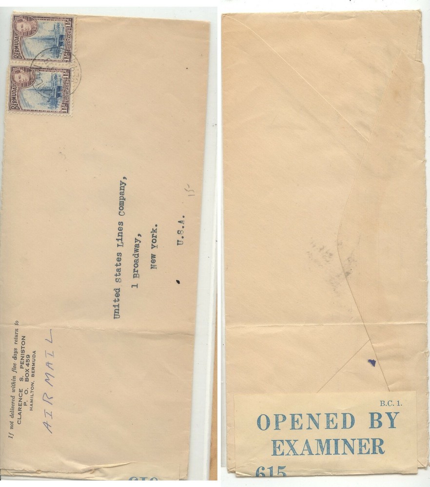 Bermuda   long cover  to  US   blue  censor  tape