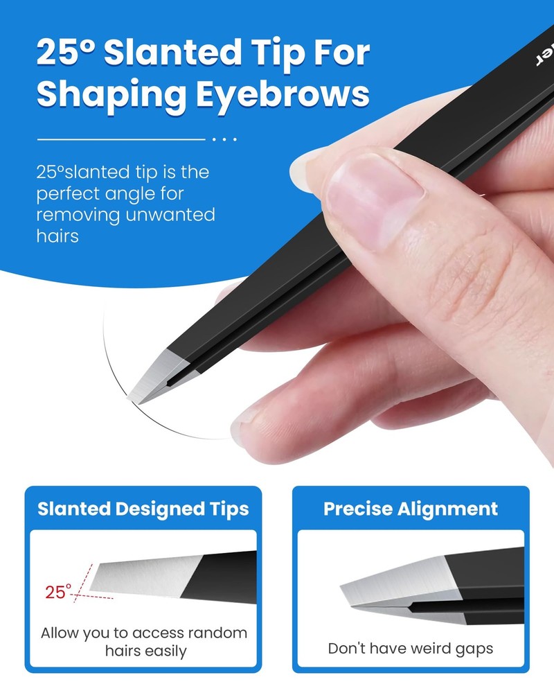 Expert Slant Tip Tweezers with Leather Case, Sharp & Precision Stainless Stee...