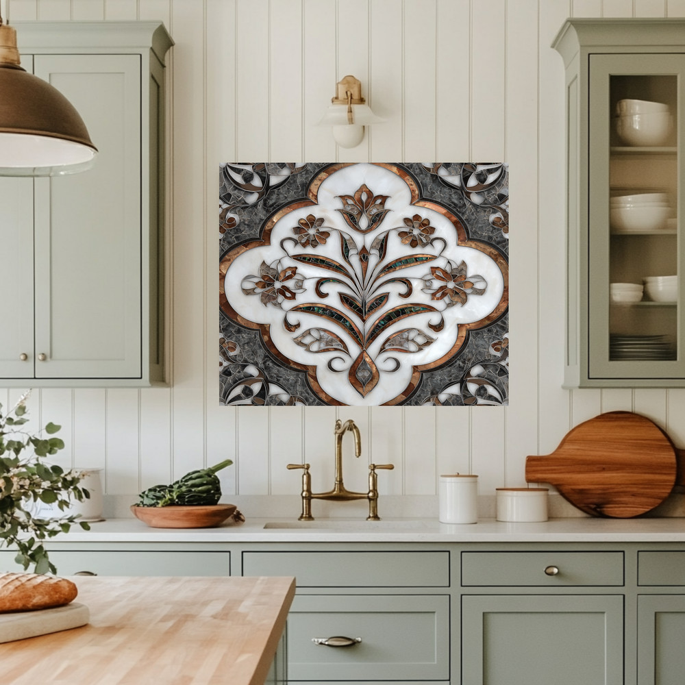 Ottoman Pattern on Marble Print Background Glass Backsplash for Kitchen Stove