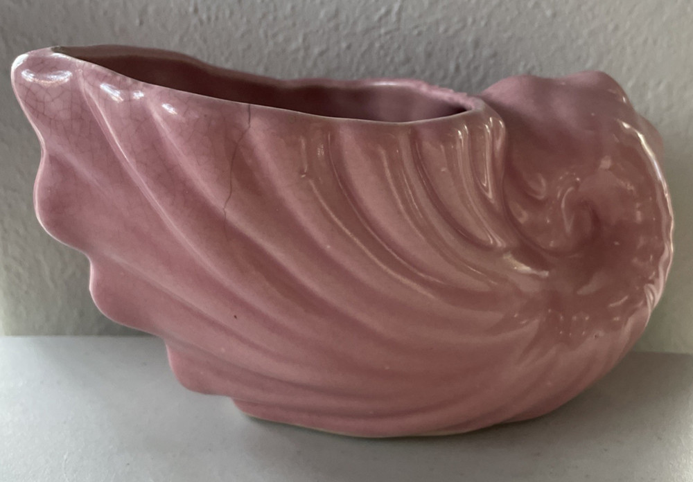 Vintage Pink Ceramic Cornucopia Shell Planter Dish 8" Long
